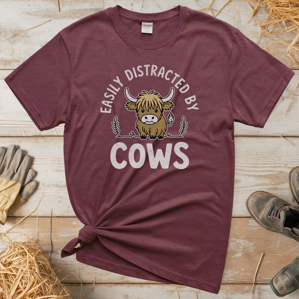 Easily Distracted By Cows (Adult Unisex Tee) - Heather Maroon