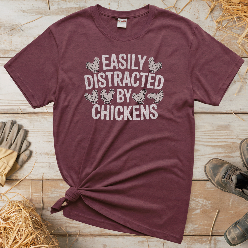 Easily Distracted By Chickens (Adult Unisex Tee) - Heather Maroon