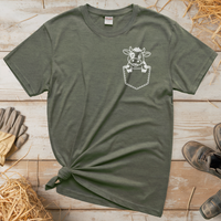 Cow In Pocket (Adult Unisex Tee) - Heather Military Green