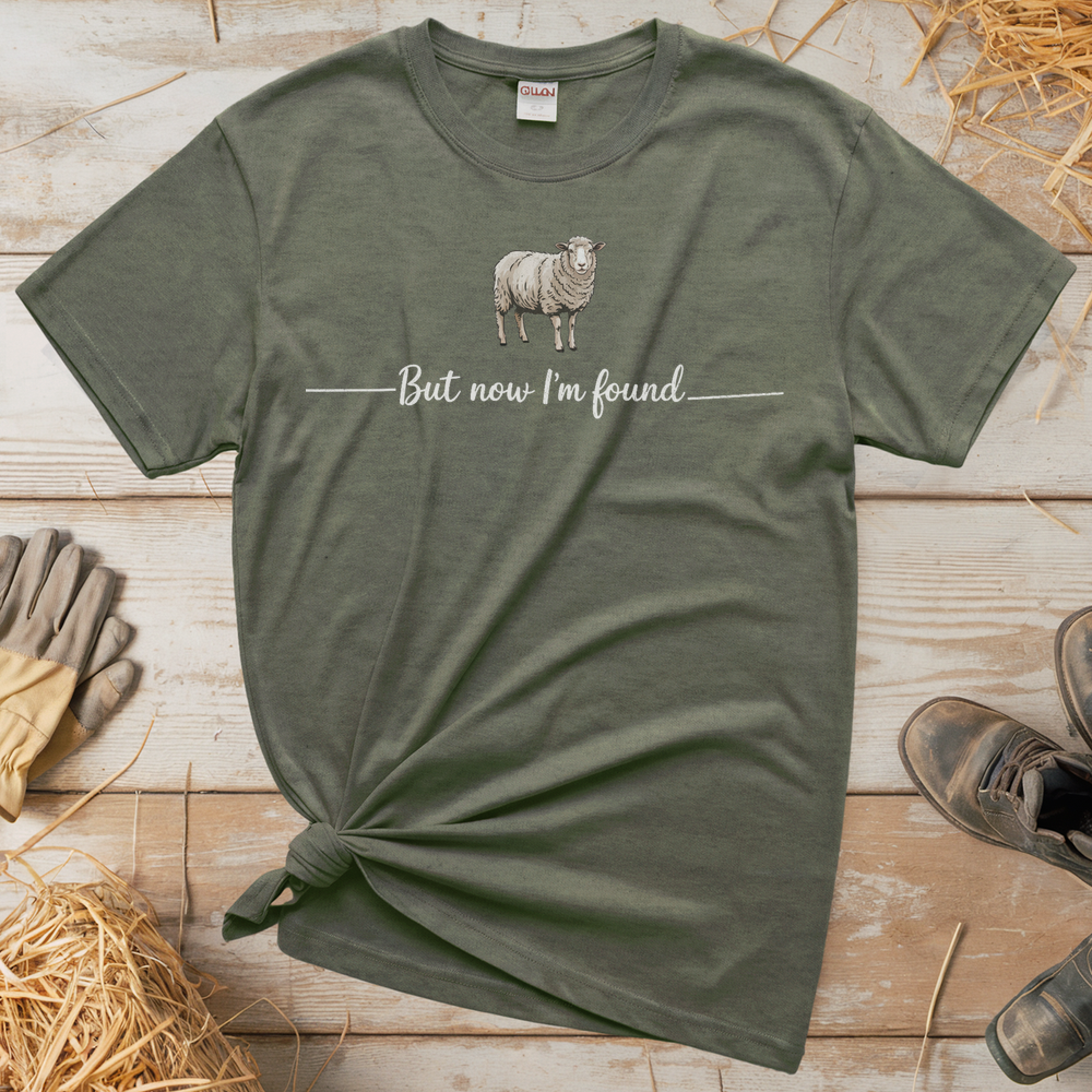 But Now I'm Found Spiritual Sheep (Adult Unisex Tee) - Heather Military Green