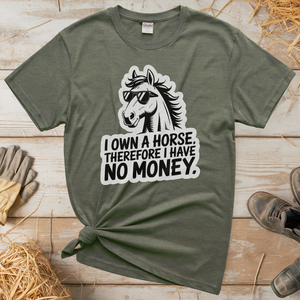 I Own A Horse Therfore I Have No Money (Adult Unisex Tee) - Heather Military Green