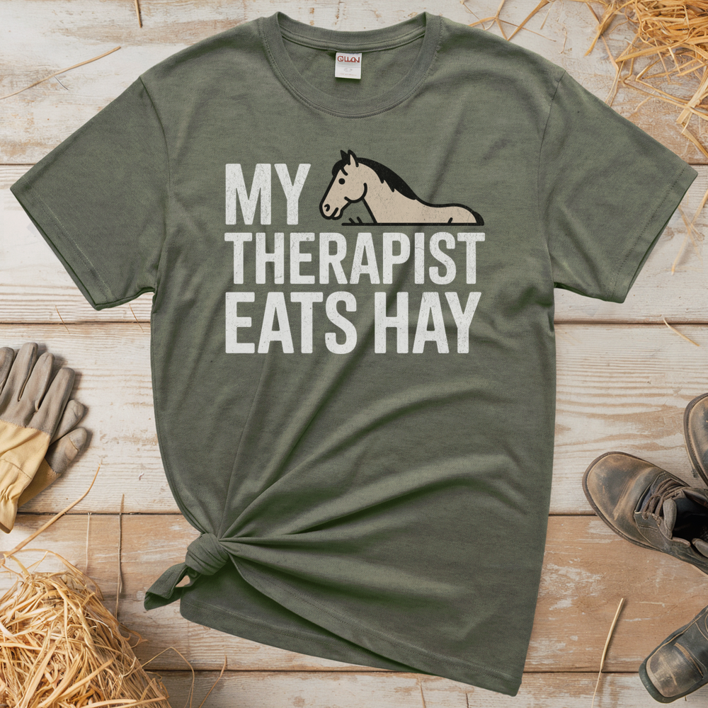 My Therapist Eats Hay (Adult Unisex Tee) - Heather Military Green