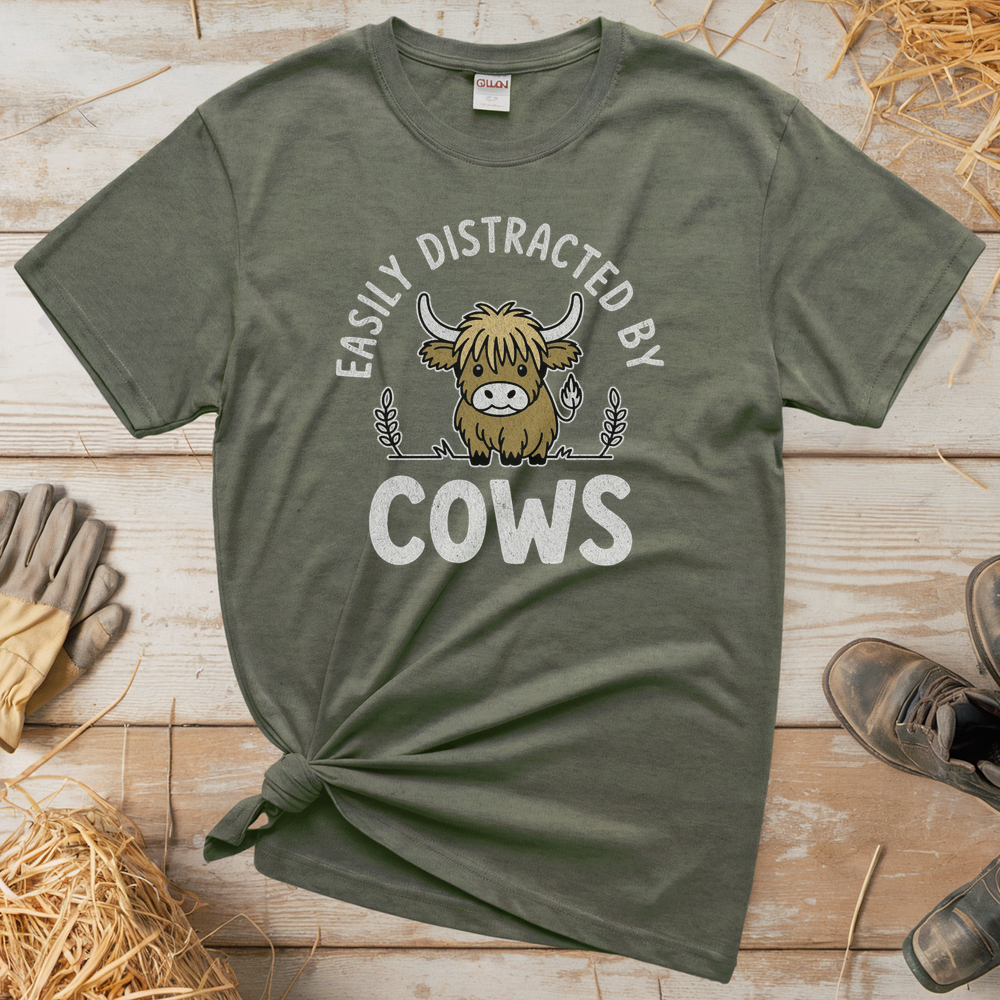 Easily Distracted By Cows (Adult Unisex Tee) - Heather Military Green