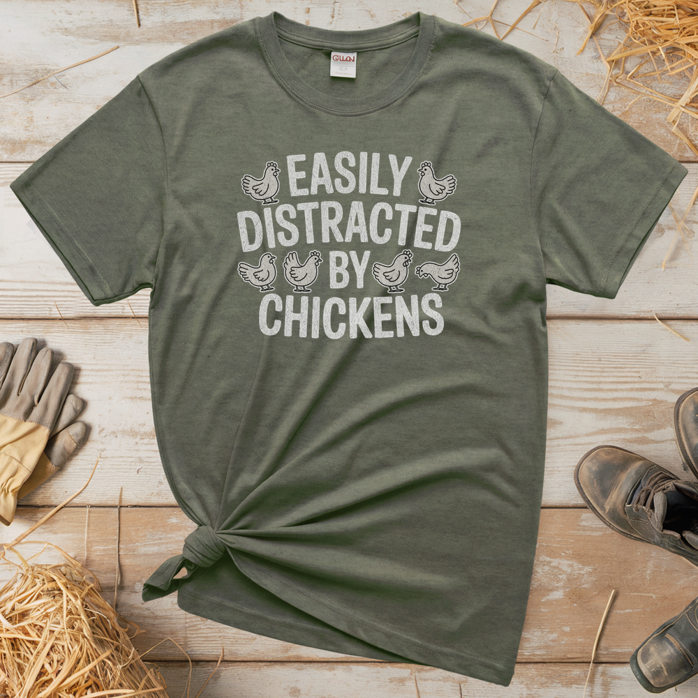 Easily Distracted By Chickens (Adult Unisex Tee) - Heather Military Green
