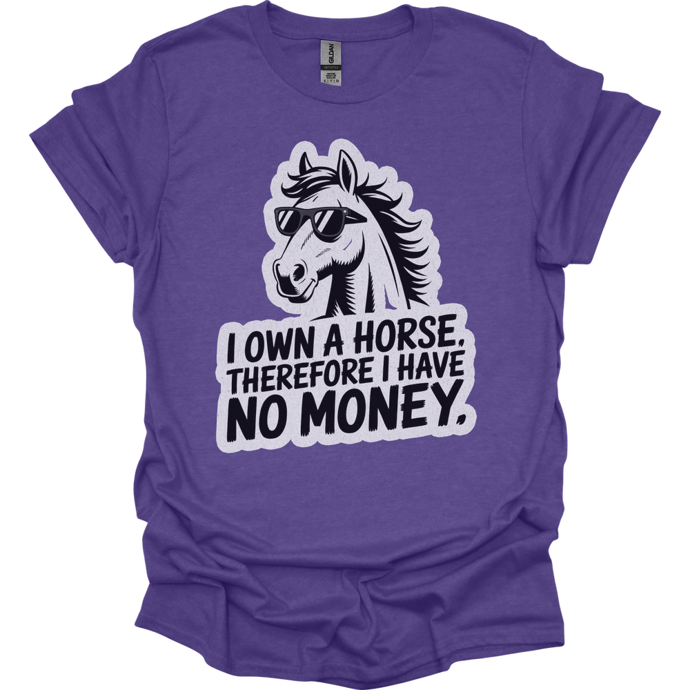 I Own A Horse Therfore I Have No Money Adult Unisex Tee - Heather Purple