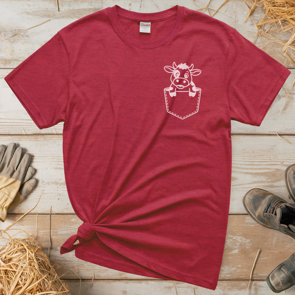 Cow In Pocket (Adult Unisex Tee) - Heather Red
