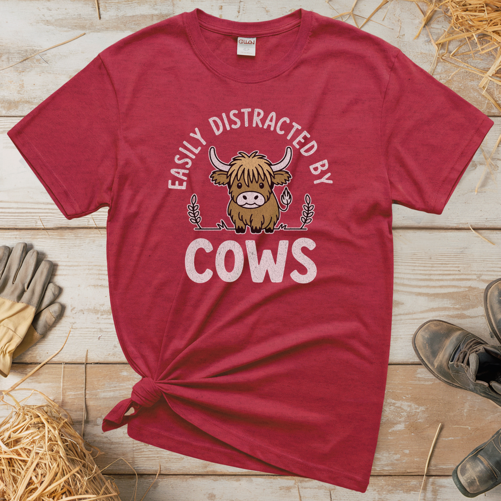 Easily Distracted By Cows (Adult Unisex Tee) - Heather Red