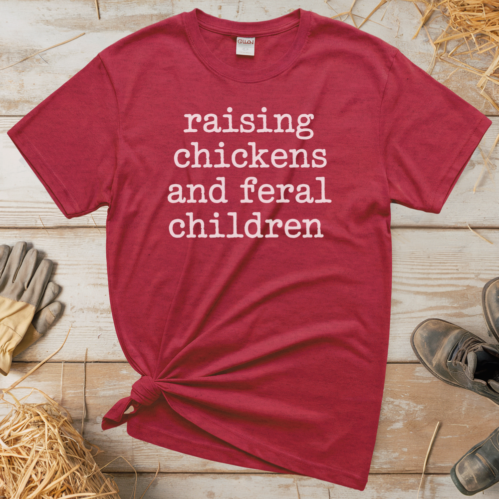 Raising Chickens And Feral Children (Adult Unisex Tee) - Heather Red