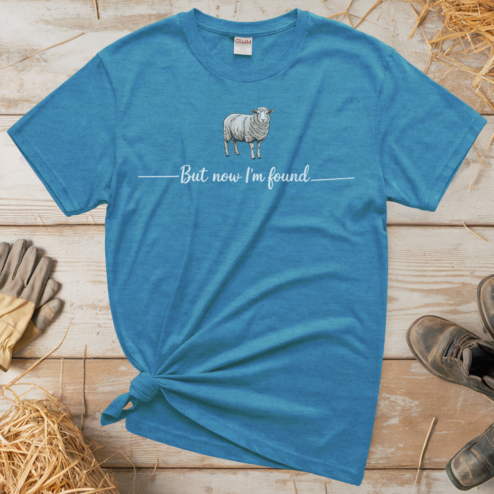 But Now I'm Found Spiritual Sheep (Adult Unisex Tee) - Heather Sapphire