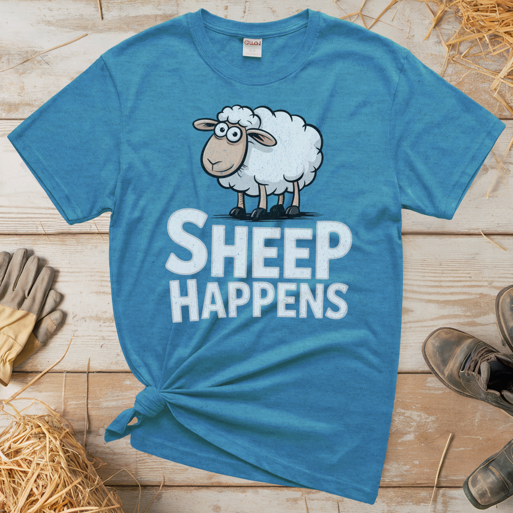 Sheep Happens (Adult Unisex Tee) - Heather Sapphire