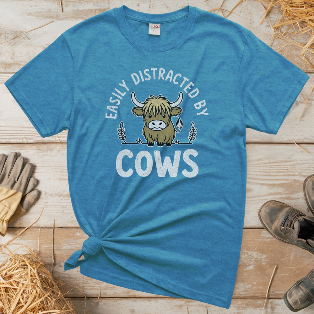 Easily Distracted By Cows (Adult Unisex Tee) - Heather Sapphire