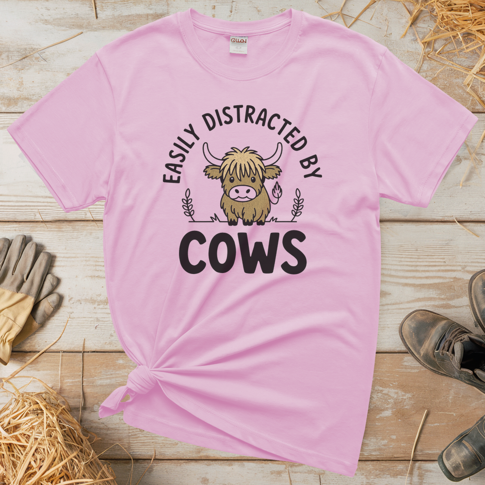 Easily Distracted By Cows (Adult Unisex Tee) - Light Pink
