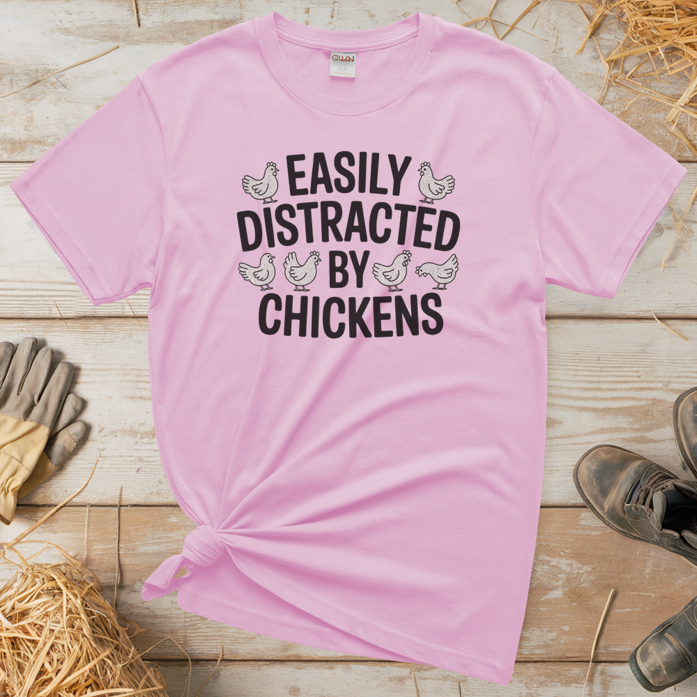 Easily Distracted By Chickens (Adult Unisex Tee) - Light Pink