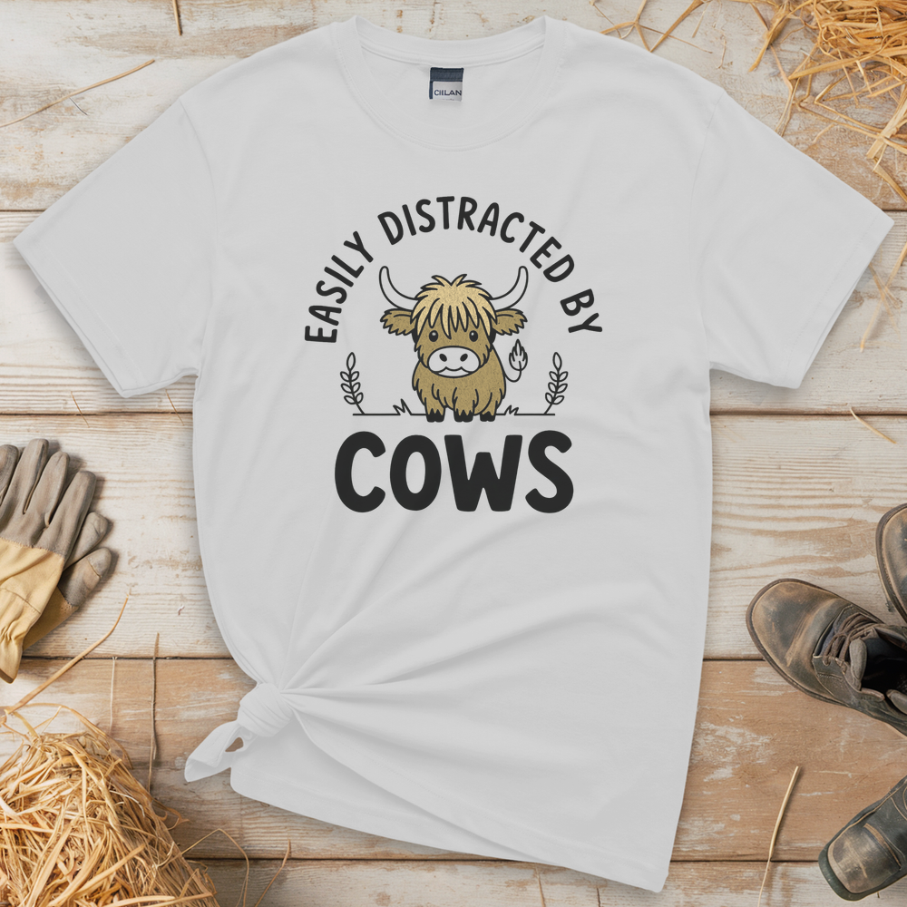 Easily Distracted By Cows (Adult Unisex Tee) - White