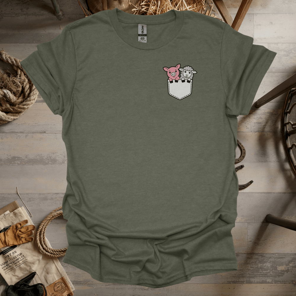 Sheep And Pig In Pocket (Adult Unisex Tee) Heather Military Green / S